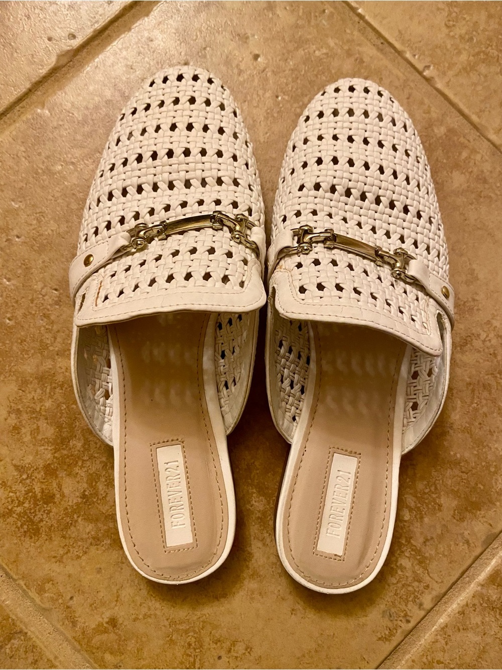 Forever 21 White Woven Slip-On Mules with Gold Horsebit